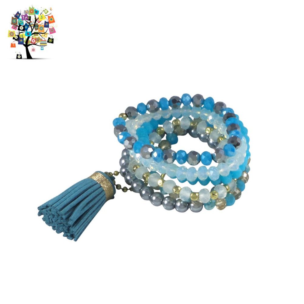 Boho Stack Stretch Bracelet Set of 6 with Tassel - Picture 4 of 5